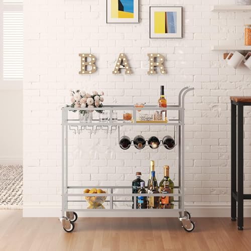 GarveeHome 2 Tier Rolling Wine Bar Cart for Home with Mirrored Shelves Wine Racks Glass Holder Compact Design and Ideal for Dining Room Living Room Party