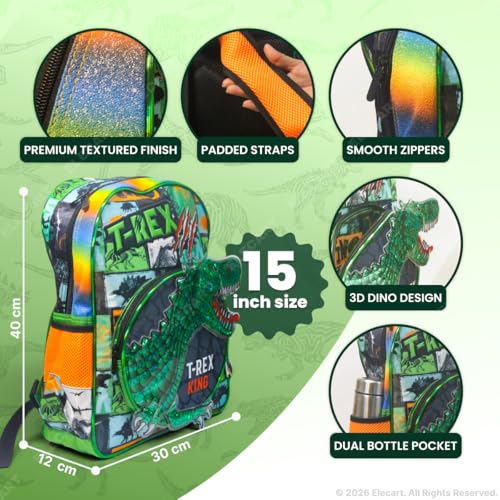 Image of Dino Backpack & Dino Theme Lunch Box Set for Boys & Girls 15 Inch with Insulated Lunch Bag | Cute Kids Backpack Water Bottle Pocket, Padded Straps | Travel & School Bag Combo