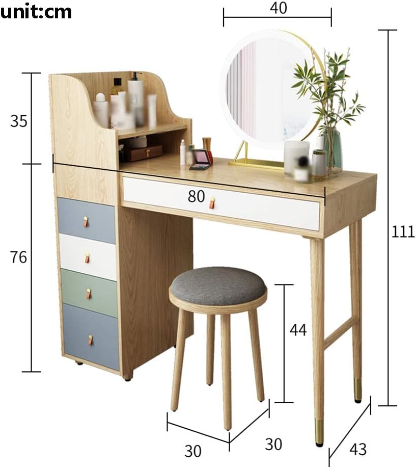 GAAHRQQQ バニティテーブルセット ドレッシングテーブル タッチスクリーンLEDミラー付き 5つの大容量引き出し 無垢の木製の