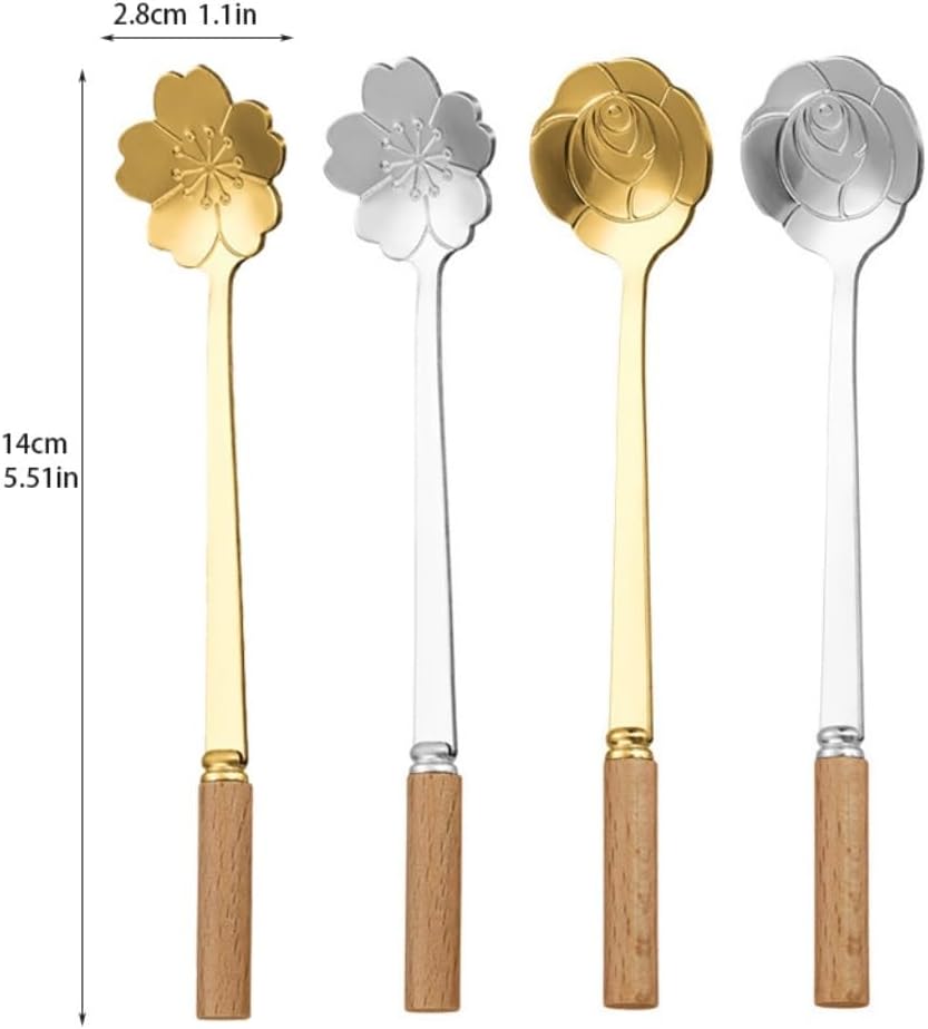 Spoons 4-Piece Wooden Handle Stainless Steel Cherry Blossom Spoon Rose Spoon Coffee Stirring Spoon Dessert Spoon Tea Spoon
