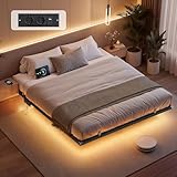 VASAGLE Lit Flottant 160 x 200 cm, avec Lumières LED, Station de Charge Amovible, 2 Prises CA, 1 Port Type-C, 1 Port USB-A, 1 Port USB-A à l’Arrière, Supporte Jusqu'à 500 kg, Noir d'encre RMB175B101