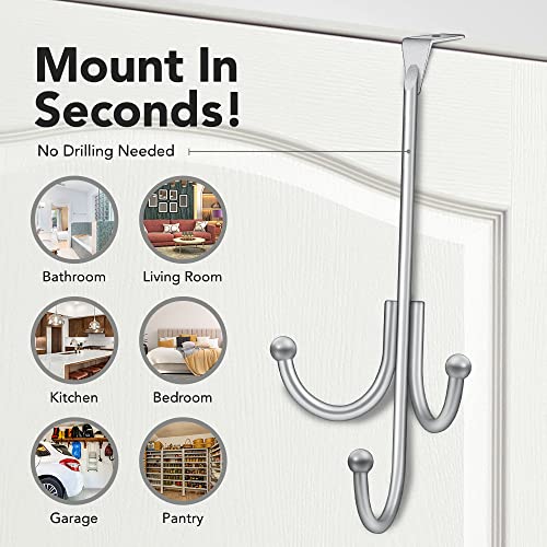 Levaf 2-Pack Over The Door Hook - With 3 Hang Heads & Snug Fit Pads- 2Pcs Heavy Duty Hooks For Hanging Coats, Towels, Caps & Robes - Elegant Matt Finish - No Drill Hanger Organizer - Silver #TOP2