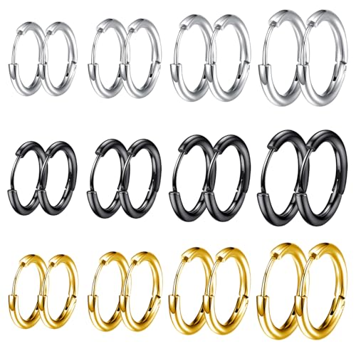 JSTHHTT 12 Paires Boucles d'Oreilles Créoles Or/Argent/Noir, Boucle d Oreille Homme Anneaux, Boucle d'Oreille Femme Creole, Boucles d'Oreilles Femme, Boucle d Oreille...