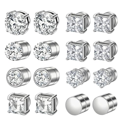 Boucles d'Oreilles Magnétiques Homme Femme Acier Inoxydable Sans Piercing Fausse Boucle Aimantée Clip Oreille Magnétique 6mm Lot 6 Paires Argent Zircone...