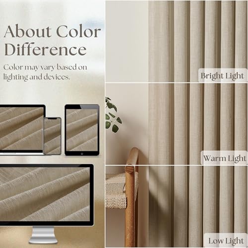 Image of Grey Beige Linen Kitchen Curtains 45 Inches Long 2 Sets Basement Curtains for Small Window Pinch Pleated Back Tab Linen Blend Short Cafe Boho Semi Sheer Back Tab Drapes for Bay Windows Bedroom 40x45