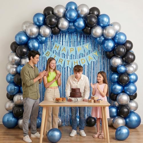 Image of Just Party Happy Birthday Decoration Kit, Blue Silver and Black - Pack of 60 | Super Shinny Balloons for Birthday Decoration | Birthday Balloons for Kids & Adults | Super Shinny Foil Fringe Curtains