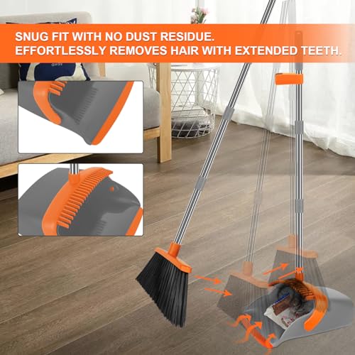 Image of Broom and Dustpan Set for Home,Standing Dustpan with 55 inch Long Handle, Orange Broom with Dustpan