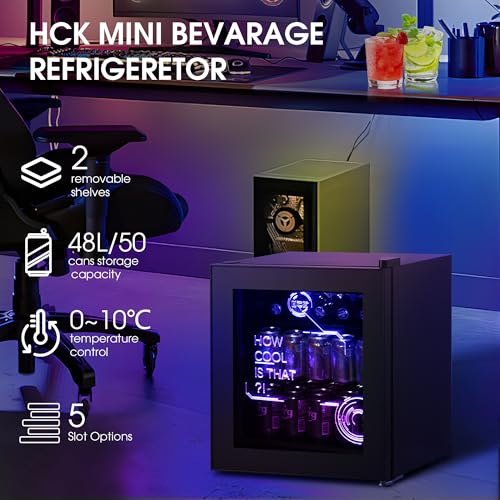 HCK 48L Mini Kühlschrank mit Glastür Leise 39dB, Cyberpunk Getränkekühlschrank mit Fernsteuerbaren RGB LED Lichtern, Flaschenkühlschrank, Mini Fridge 0-15°C für Gaming Deko, Minibar, Schwarz – Bild 3