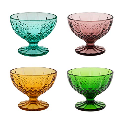 KMwares 4PCs Set 8oz Colored Footed Glass Dessert BowlsCups with Colorful Crystal Diamond Pattern - For Dessert Sundae Ice Cream Smoothie Fruit Salad Snack Cocktail Condiment Wedding Party