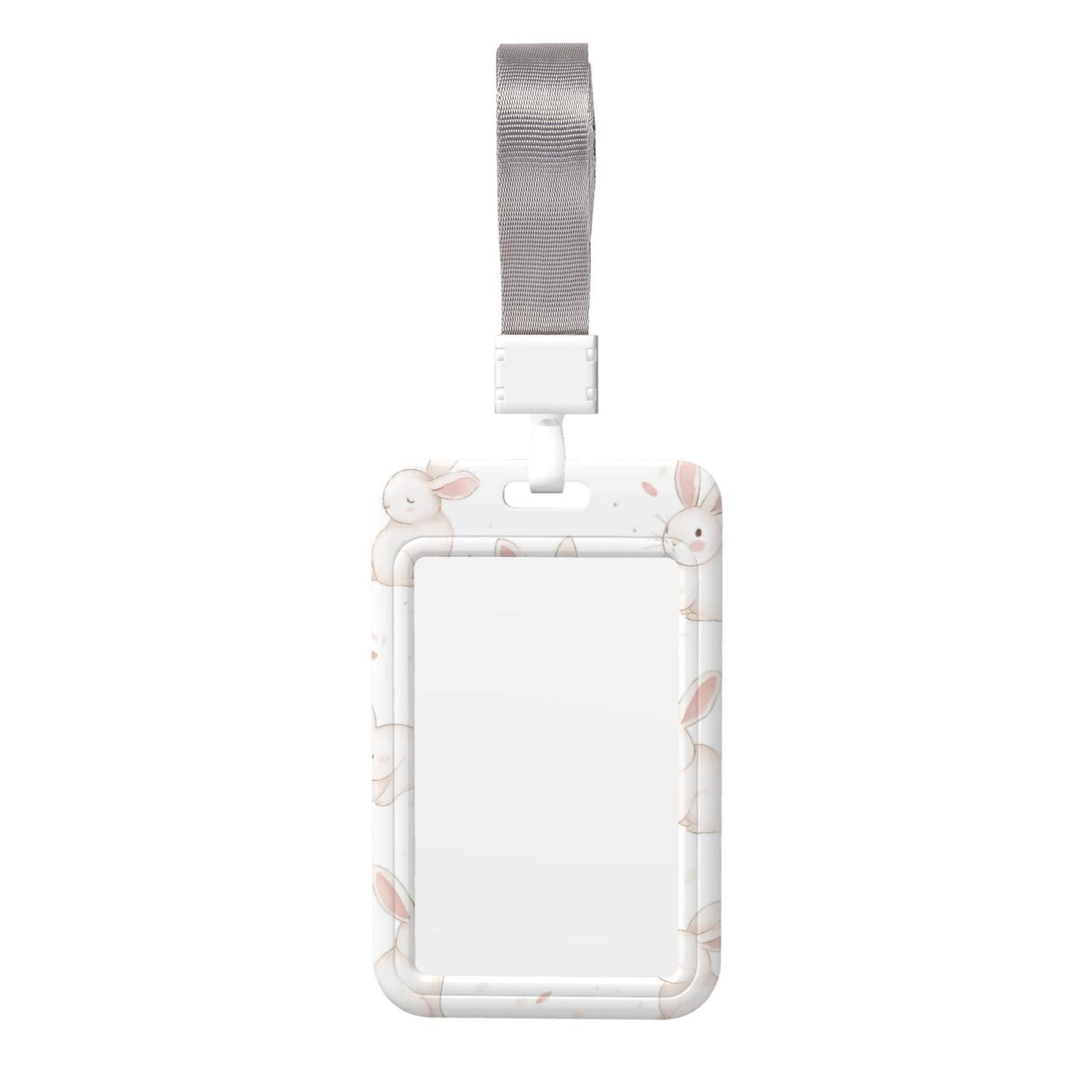 HLBSDM Adorable White Bunny & Red Leaves Work Badge Protective Shell Vertical Sliding Type with Transparent Window