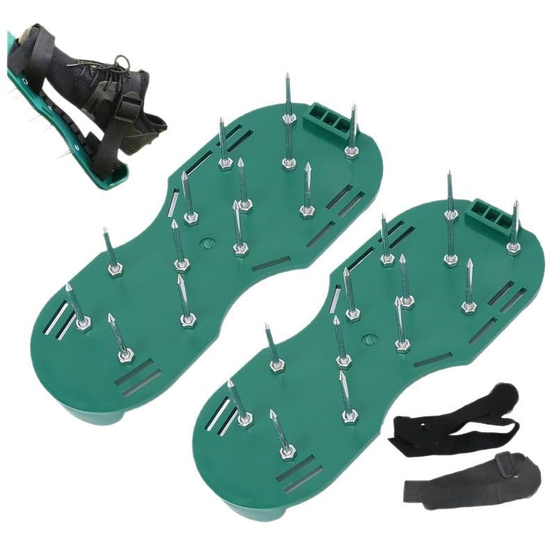 Rasen-Vertikutierer Schuhe mit Spikes, 15mm Nägel, 26 Stahlspitzen, Verstellbare Gurte, Grün,Rasenlüfter-Schuhe für Rasen belüften oder als Estrichschuhe