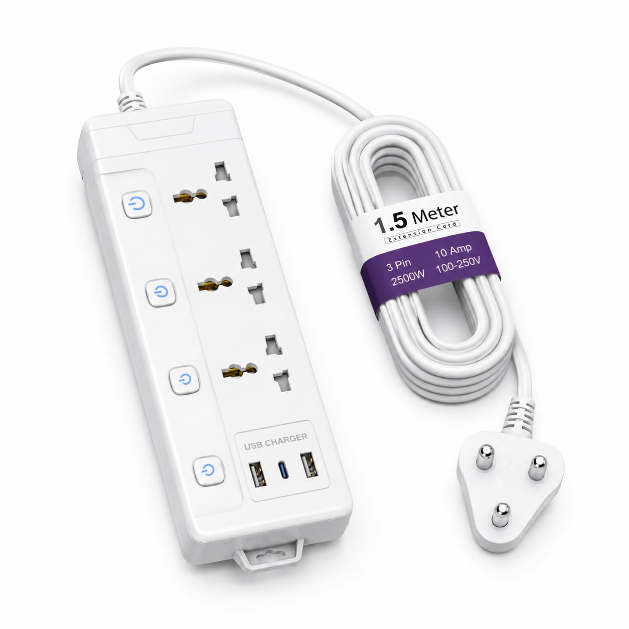 ailkin 3 socket universal extension board with individual switches, 3 pin power strip with heavy duty cable, multi plug extension box for home, office, tv, laptop, mobile charger & appliances (white)