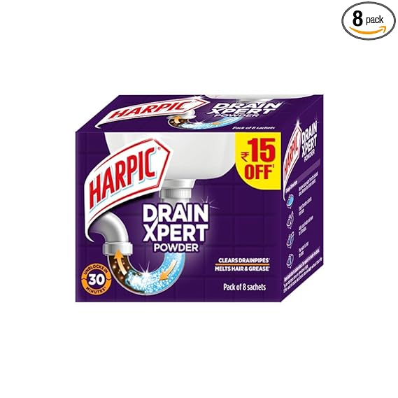 Harpic (50g x 8),?Drain?Xpert?Drain?Cleaner Powder | Effective Sink Cleaner, Drain Blockage Remover, Drain Pipe Cleaner