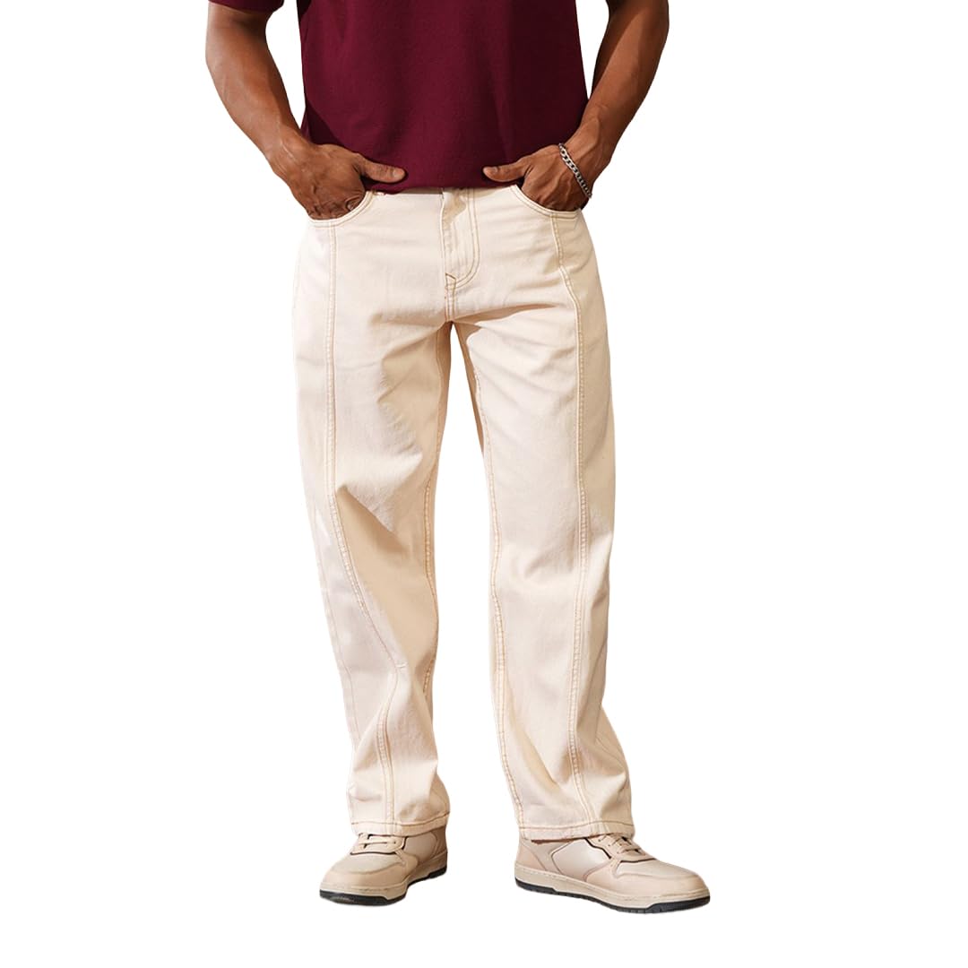wrogn Men's 100% Cotton Jeans | Cut & Sew Panel | Loose Fit-picture-32