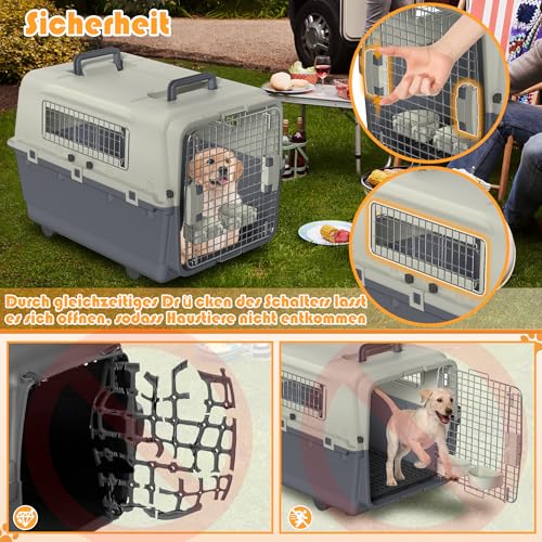 FIVMEN Hundebox Transportbox Hund 80x57x70 cm Hundetransportbox mit Rollen und Eisen Fenstern Türen Tiertransportbox Flugzeugbox für Hunde Flugzeug Auto Reise & Transport