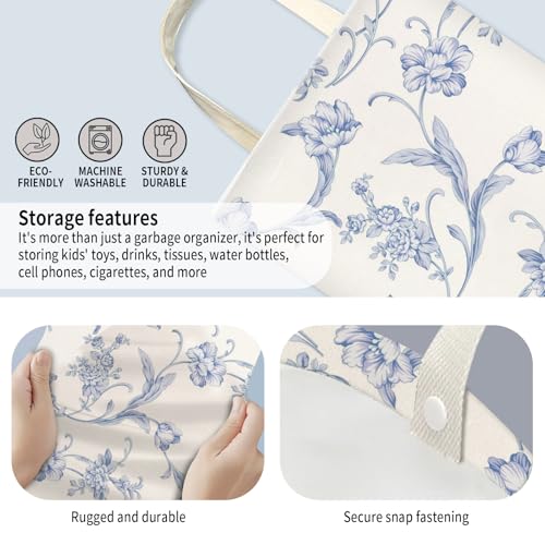 Image of Car Trash Can, Hanging Garbage Bin for Men and Women, Cute Car Organizer and Storage Bag, Canvas Vehicle Trash Can Bag Easy-to-Install Cute Blue Floral