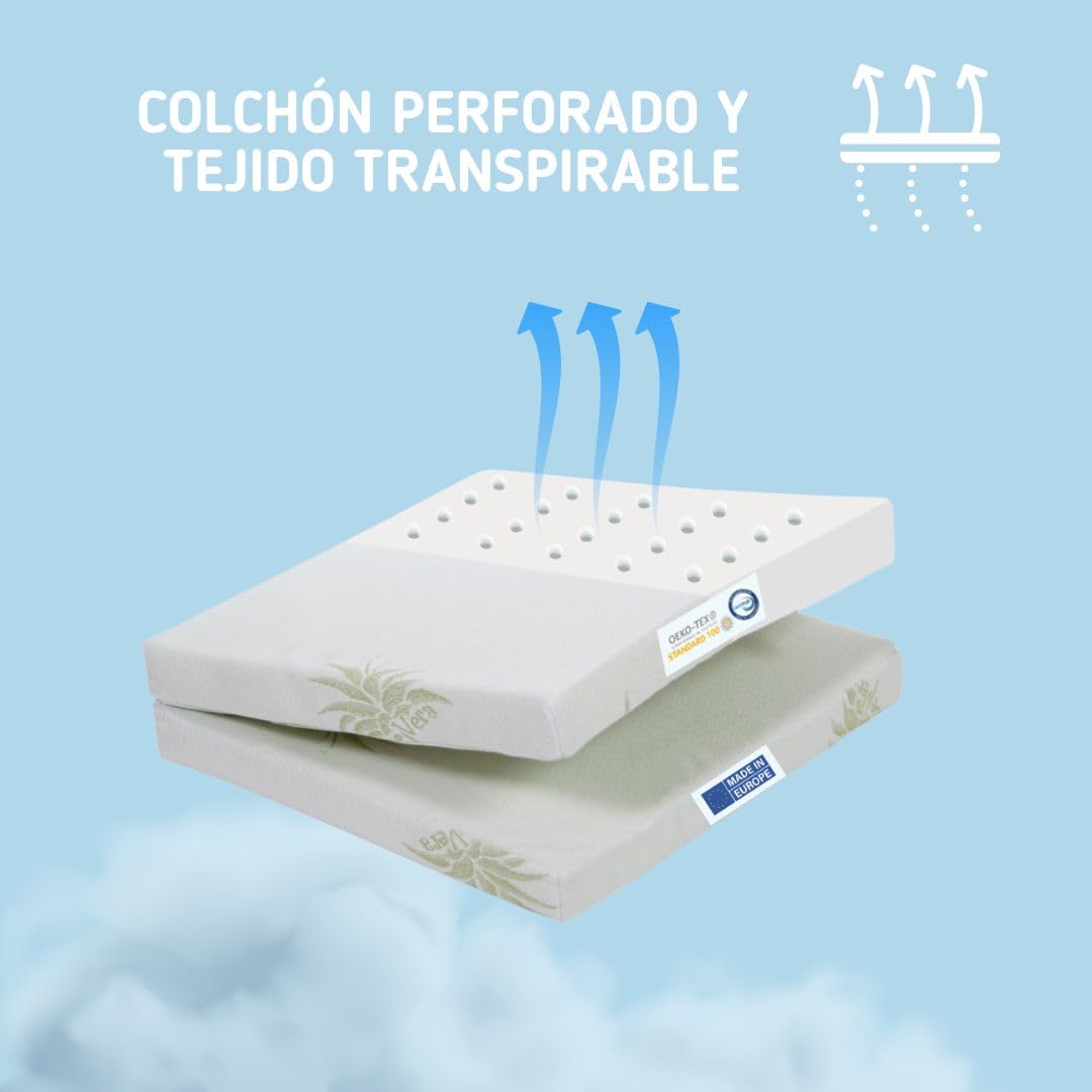 Kiby® Colchón Cuna de Viaje 120 x 60 cm Altura 7 cm (Certificado Oeko-Tex® & CERTIPUR™) con Aloe Vera, Plegable