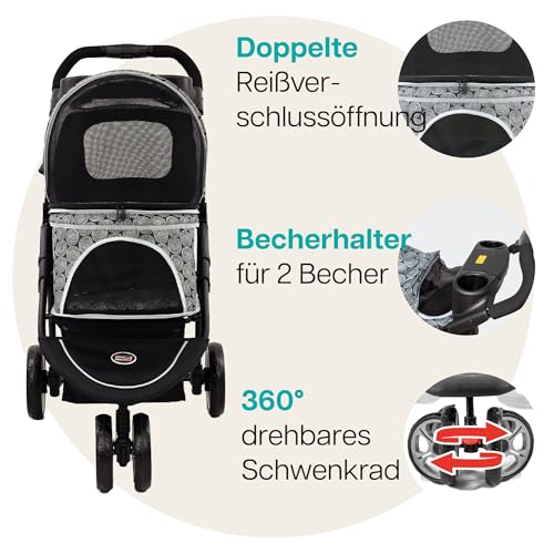 Hundebuggy Katzenbuggy für Reisen Innopet Allure Onyx -stilvoller Katzenbuggy 360° Schwenkrad vorne einhändig faltbar mit Aufbewahrungskorb 2 Sicherheitsleinen pannensichere Räder Haustierwagen