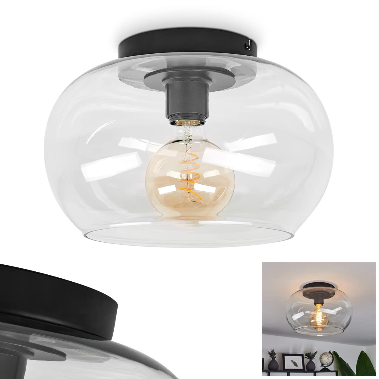 Ceiling lamp Molloy, Modern Ceiling lamp Made of Metal/Glass in Black/Clear, 1-Flame lamp in Retro/Vintage Design with lampshade Made of Glass (Ø 31 cm), 1 x E27, Without Bulbs