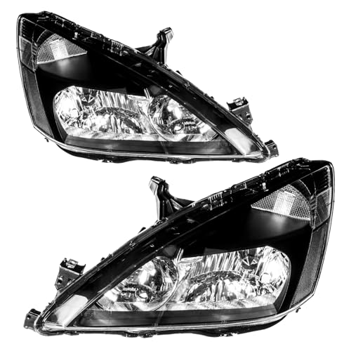 PHILTOP Headlights Assembly fit for 2003 2004 2005 2006 2007 Honda Accord,Black Housing Clear Lens Clear Reflector,Pair OE Style Pair Halogen Headlamps (Driver + Passenger Side)