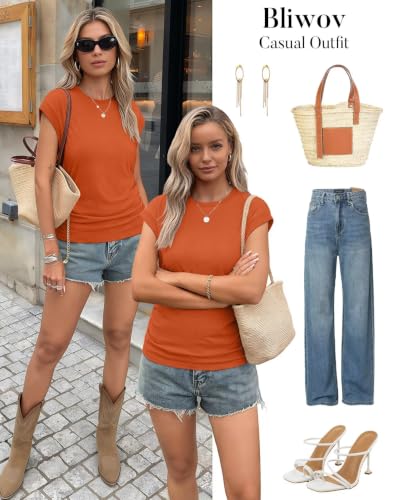 Image of Bliwov Womens Summer Tops Cap Sleeve Crew Neck Casual T Shirts