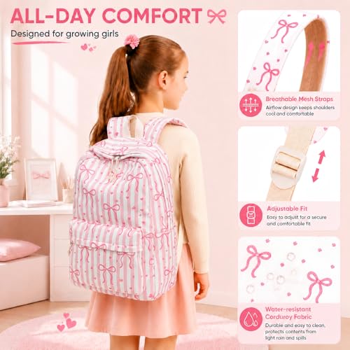 CASLOWIE Backpack for Girls 3PCS Girls Backpack with Lunch Bag Pencil Case Cute Kids Teens School Backpack Set for Elementary Preschool Middle School (Bow Pink Stripes) by CASLOWIE - Used condition - Image 6