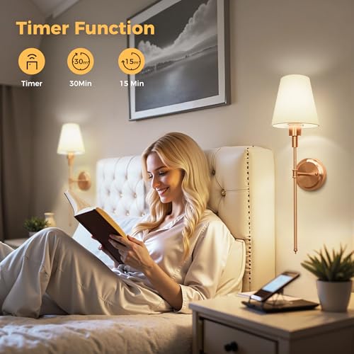 Image of DORESshop Battery Operated Wall Sconce Set of 2, Wireless Wall Light Easy to Install, 7 Color Rechargeable Wall Sconces, Sconce Wall Decor Set of 2 for Bedroom, Living Room, Copper, 24.6in