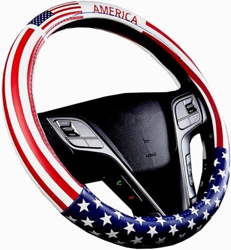 Dotesy Leather Auto Steering Wheel Cover, Fashion Flag Style Car Steering Wheel Cover Protector Universal for 36.5-38cm (American Flag)