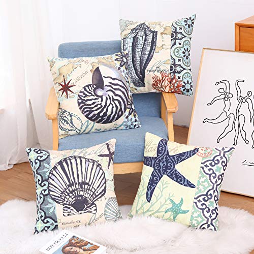 STAREDGE Nautical Conch Decorative Throw Pillow Covers 18x18, Set of 4 Ocean Themed Beach Starfish Shell Printed Cushion Covers for Patio Couch Sofa - Image 4