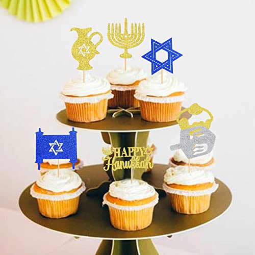 Ercadio 28 Pack Happy Hanukkah Cupcake Toppers Glitter Candlestick Hexagram Cupcake Picks Menorah Lighting Cake Toppers Nine Flames Cupcake Toppers For Hanukkah Theme Party Decor Supplies #TOP4