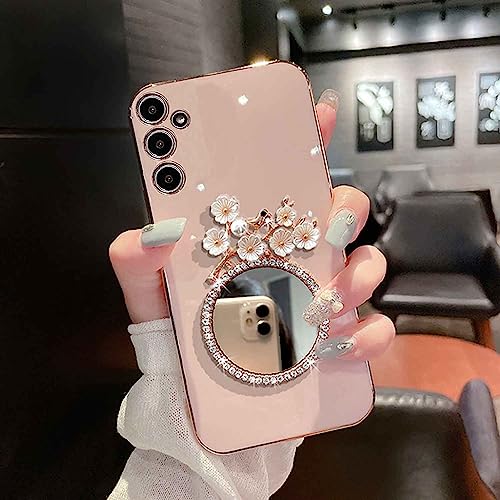 Image of KC Back Cover for Samsung Galaxy A14 5G, Round Flower Mirror Electroplated Soft Silicone Camera Protection Case - Pink