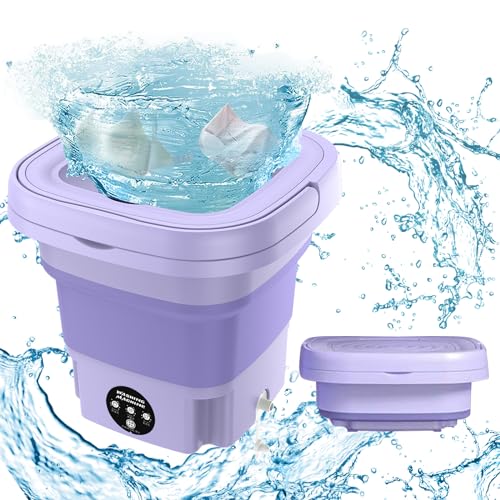 Mini Machine à Laver Portable 8L, Mini machine à laver pliable avec essorage, seau à linge pliable, Lave-linge Mobile, pour les sous-vêtements, chaussettes et petits objets Camping Voyage (Violet)