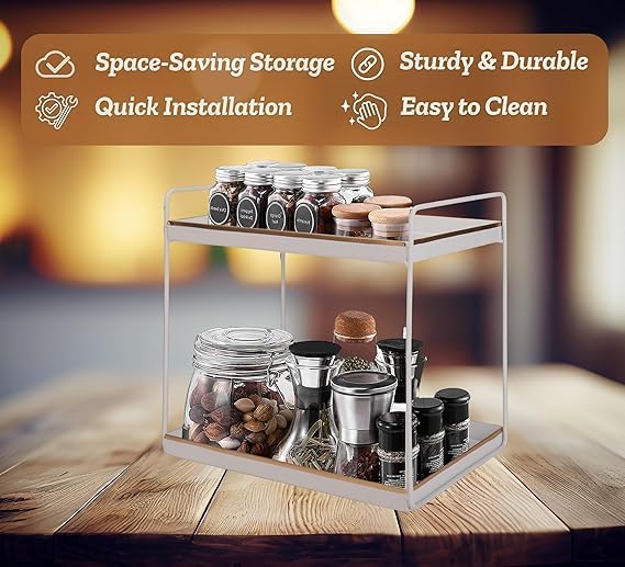 Image of Niyara Spice Rack | Heavy Duty 2-Tier Iron Metal Storage Stand | Multipurpose Countertop Organizer for Kitchen, Bathroom, Cosmetics & Home (White with Golden Border)