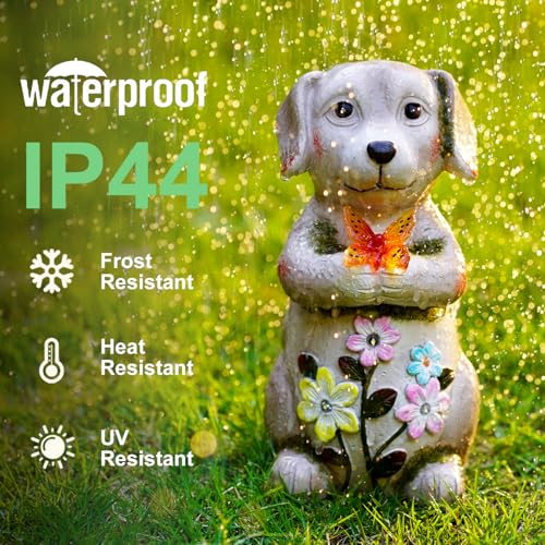 Goodeco Hund mit Schmetterling Solar Deko Figur - Gartenfiguren & Balkonschmuck für Terrasse, Rasen & Außenbereich | Geschenkideen für Frauen, Mutter & Oma | Wetterfeste Gartendekoration in Braun