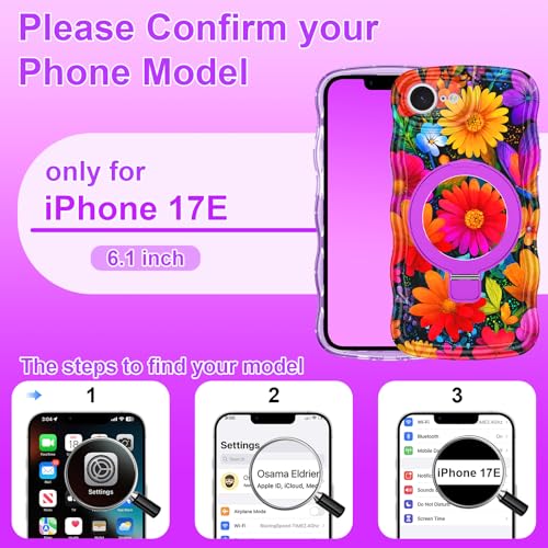 Meshine for iPhone 17e Case/iPhone 16e Case with Magnetic Stand,[Compatible with MagSafe] Wave Frame Cute Flower Design Shockproof Drop Protective Women Girls Cover for iPhone 17e,All Purple Flower - image 2