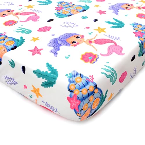 Image of JISEN Baby Crib Sheets - Soft Breathable Fitted Sheet for Standard Crib and Toddler Mattress, Baby Bed Sheets for Boys Girls Neutral, 52x28 Inch, White Mermaids