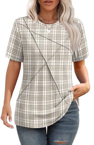 Image of XIEERDUO Womens Summer Tops 2026 Pleated Round Neck Short Sleeve Shirts Business Casual