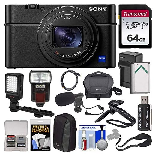 Sony Cyber-Shot DSC-RX100 VII 4K Wi-Fi Digital Camera with 64GB Card + Battery & Charger + Cases + Grip/Tripod + Flash + Video Light + Mic Kit