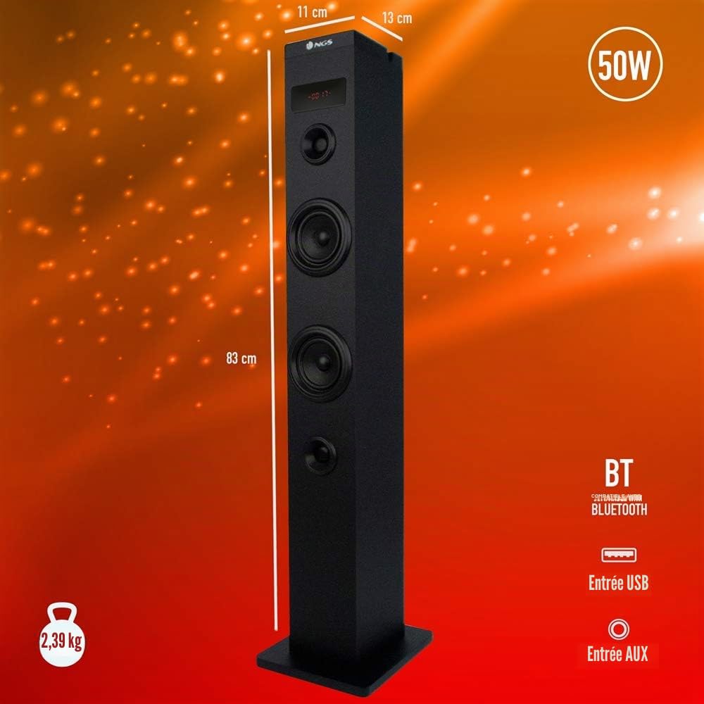NGS Sky Charm - Tour de Son Bluetooth 50W avec Télécommande, Entrée Optique, USB, Radio FM et AUX in (Couleur Noir)