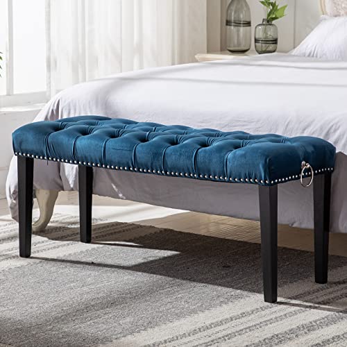 Duomay Modern Upholstered Tufted Bench Ottoman W/Ring Pull, Velvet Dining Bench Bedroom Bench W/Nailhead Trim Footrest Stool Accent Bench For Entryway Dining Room Living Room, Blue #TOP5