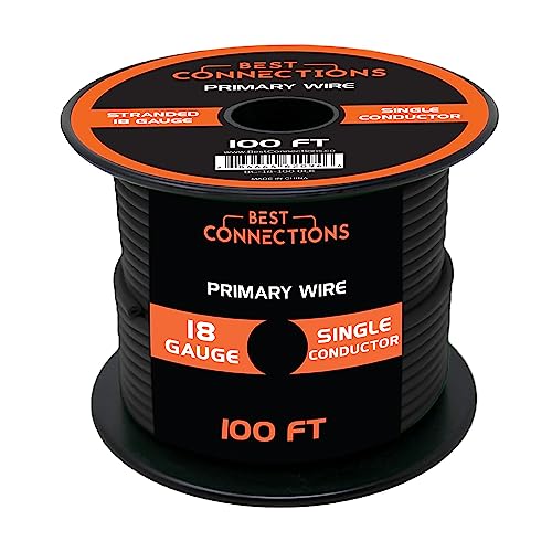 BEST CONNECTIONS Automotive Primary Wire - 100ft (Various Color Options) | Ideal for Trailer, Speaker, and Lighting Circuits | Durable Primary/Remote, Power/Ground Electrical Wiring (18 Guage, Black)