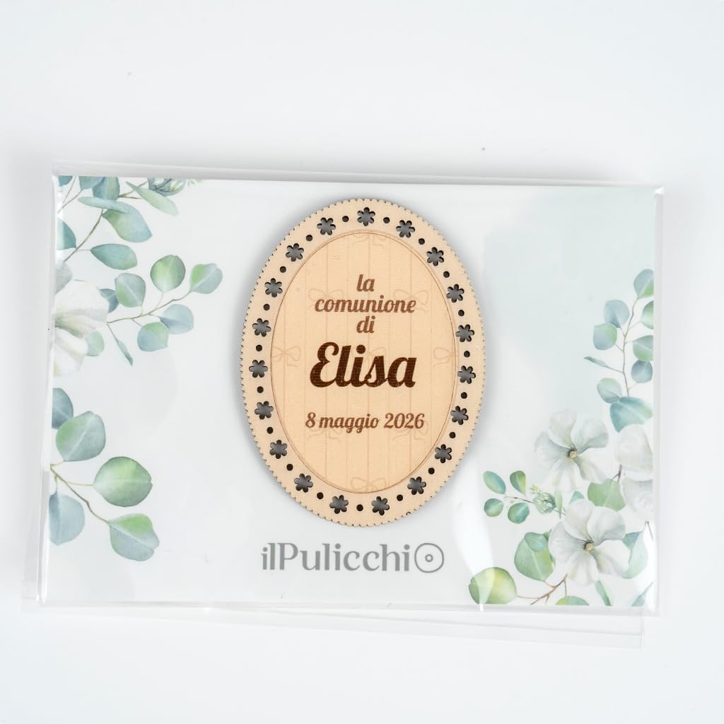 Segnaposto in Legno Personalizzabile con Stampa UV, Forma Ovale, 7 x 5,2 cm, per Comunione, Compleanno, Festa privata, C_12 (50)