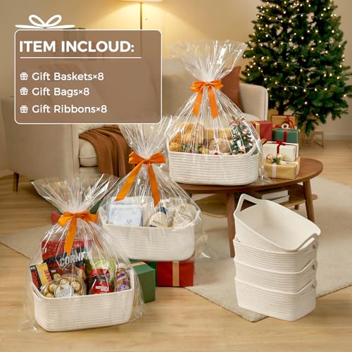 Image of 8 Pack Cute Woven Basket with Gift Bags and Ribbons, 12 inchx 8 inchx 5 inch, Empty Decorative Gift Chest Box, Valentines Day Gifts Small Basket, Baby Gift Basket for Nursery, Cotton Rope Basket with Handles