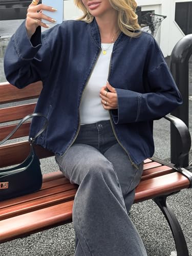 Tankaneo Womens Denim Bomber Jacket Zip Up Cropped Lightweight Jean Jacket Fall Casual Outerwear with Pockets3