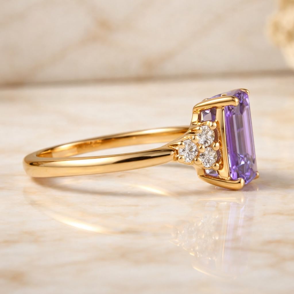 Emerald Cut Purple Amethyst Engagement Ring 14K Yellow Gold Diamond Accent Statement Ring February Birthstone Promise Ring Gift for Her