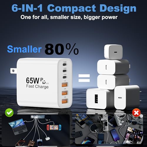 Image of USB C Charging Blocks, 65W USBC Wall Fast Charger Block, Type C iPhone USB C Charger Fast Charging Brick, 6-Port Multiport Charger Plug Power Adapter for iPhone 17 /16 /15 /14 /Pro Max, GalaxyS25 26,iPad