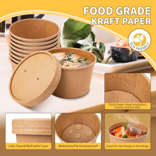 Image of PakTalk Paper Soup Containers with Lids, 50 Pack Brown Soup Bowls Biodegradable Ice Cream Cups with LidS for Hot Soup or Ice Cream (50 sets, 8 oz)