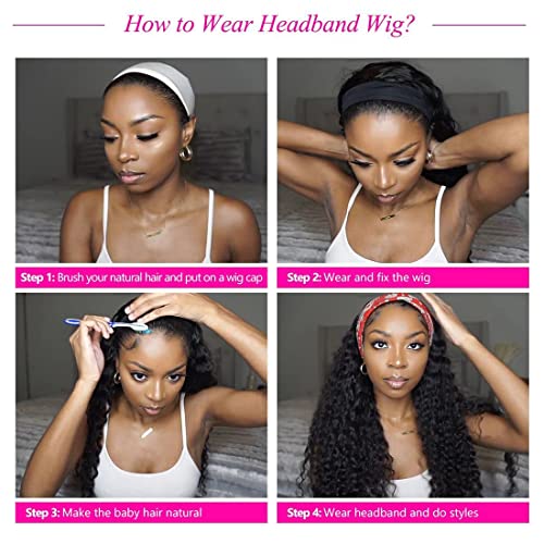 Image of Deep Wave Headband Wig Human Hair 18 Inch Brazilian Virgin Natural Black