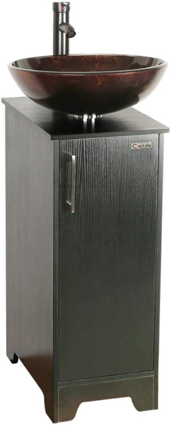 eclife 14" Bathroom Vanity Sink Combo Black Cabinet Brown Round Tempered Glass Vessel Sink & 1.5 GPM ORB Water Save Faucet & Pop Up Drain (A09B08)