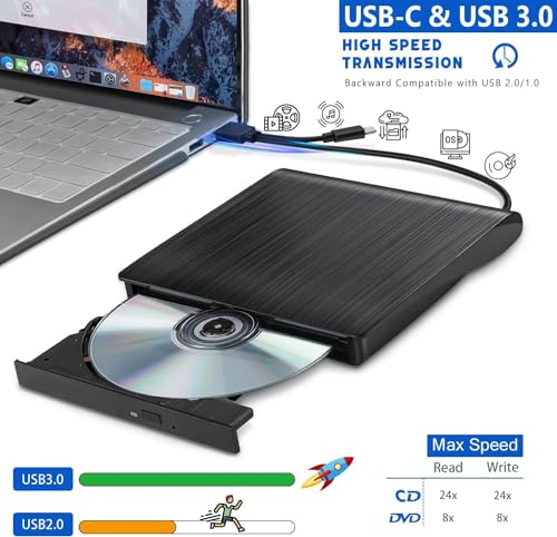 Image of External DVD Drive, USB 3.0 Portable + /-RW, DVD Player for CD ROM Burner Compatible with Laptop Desktop PC Windows Linux OS Apple Mac Black